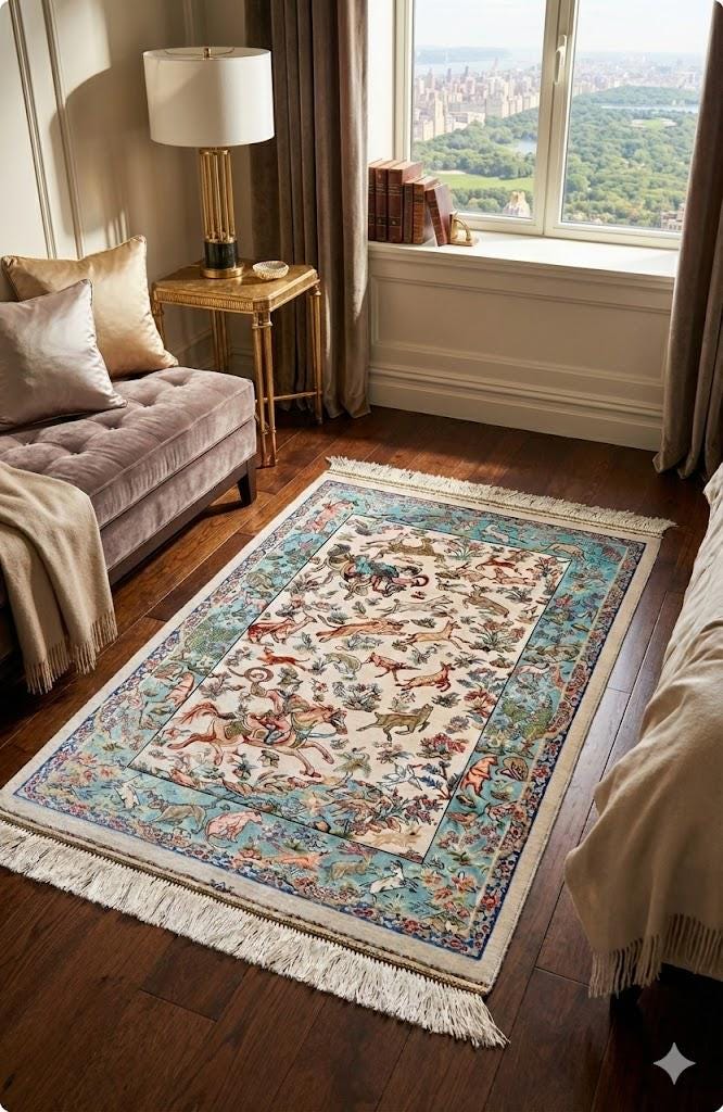 Elegant Persian Bamboo Silk Rug 60x90 cm – Robot-Woven & Hand-Knotted Edges