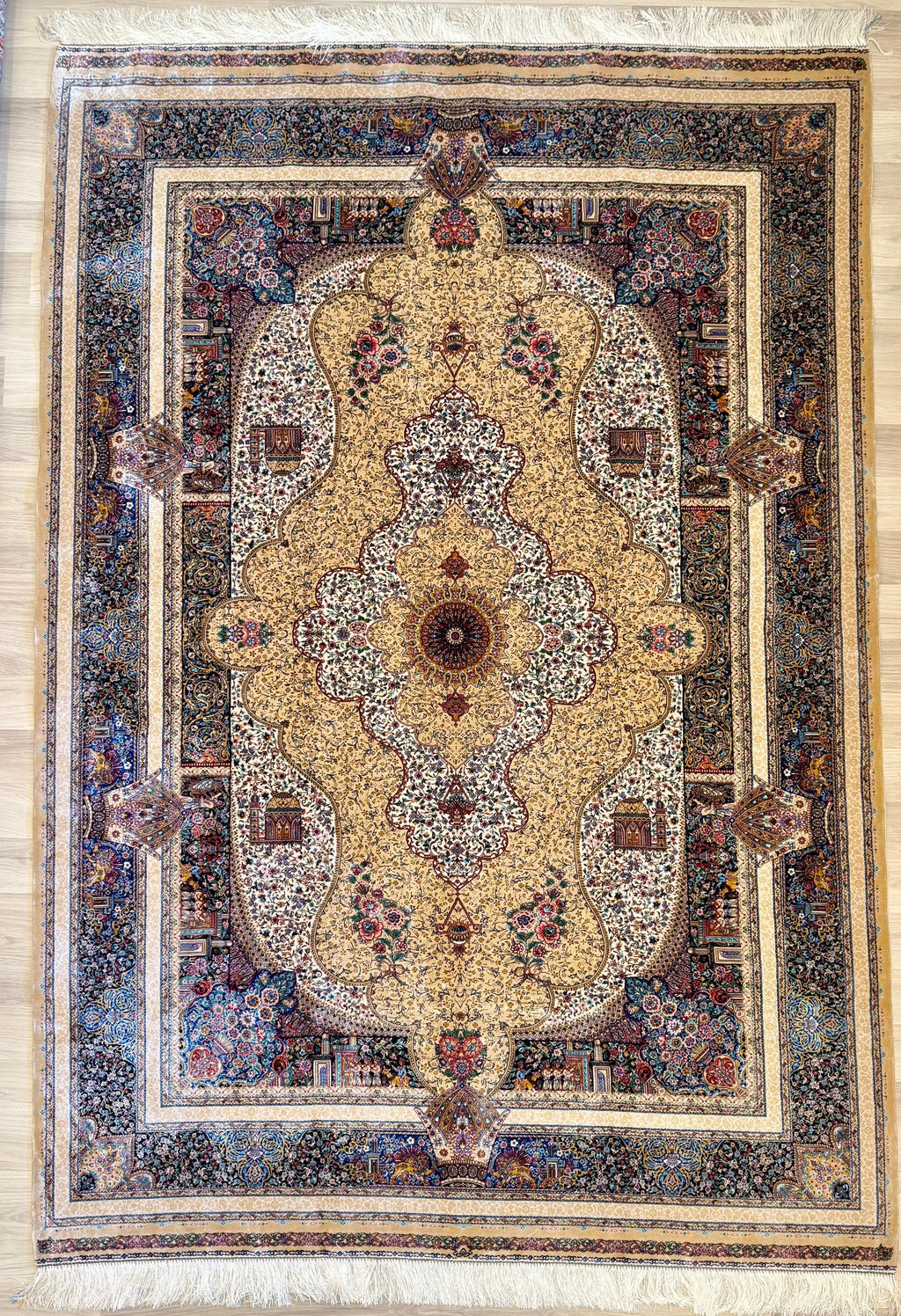 Luxury Persian Bamboo Silk Rug 150x225 cm – Robot-Woven & Hand-Knotted Edges