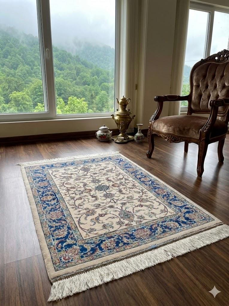Elegant Persian Bamboo Silk Rug 60x90 cm – Robot-Woven & Hand-Knotted Edges