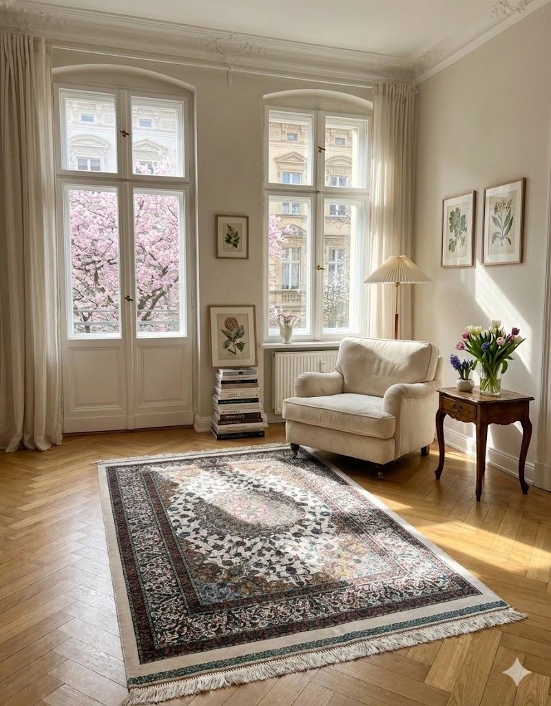 Luxury Persian Bamboo Silk Rug 100x150 cm – Robot-Woven & Hand-Knotted Edges