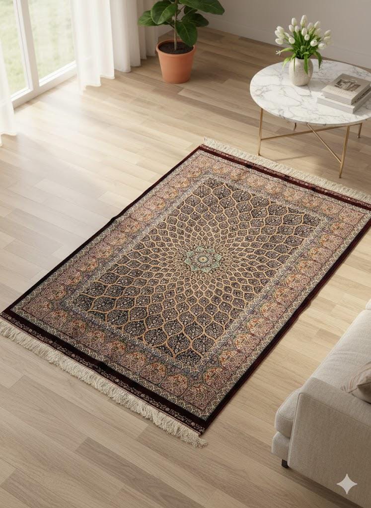 Luxury Persian Bamboo Silk Rug 120x180 cm – Robot-Woven & Hand-Knotted Edges