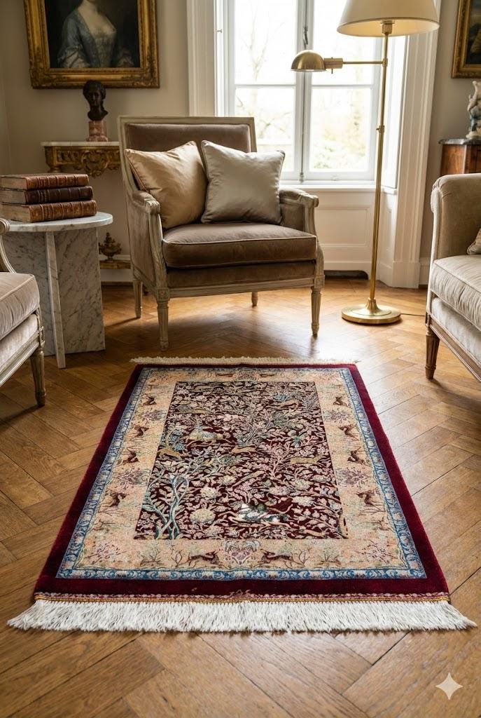 Elegant Persian Bamboo Silk Rug 60x90 cm – Robot-Woven & Hand-Knotted Edges