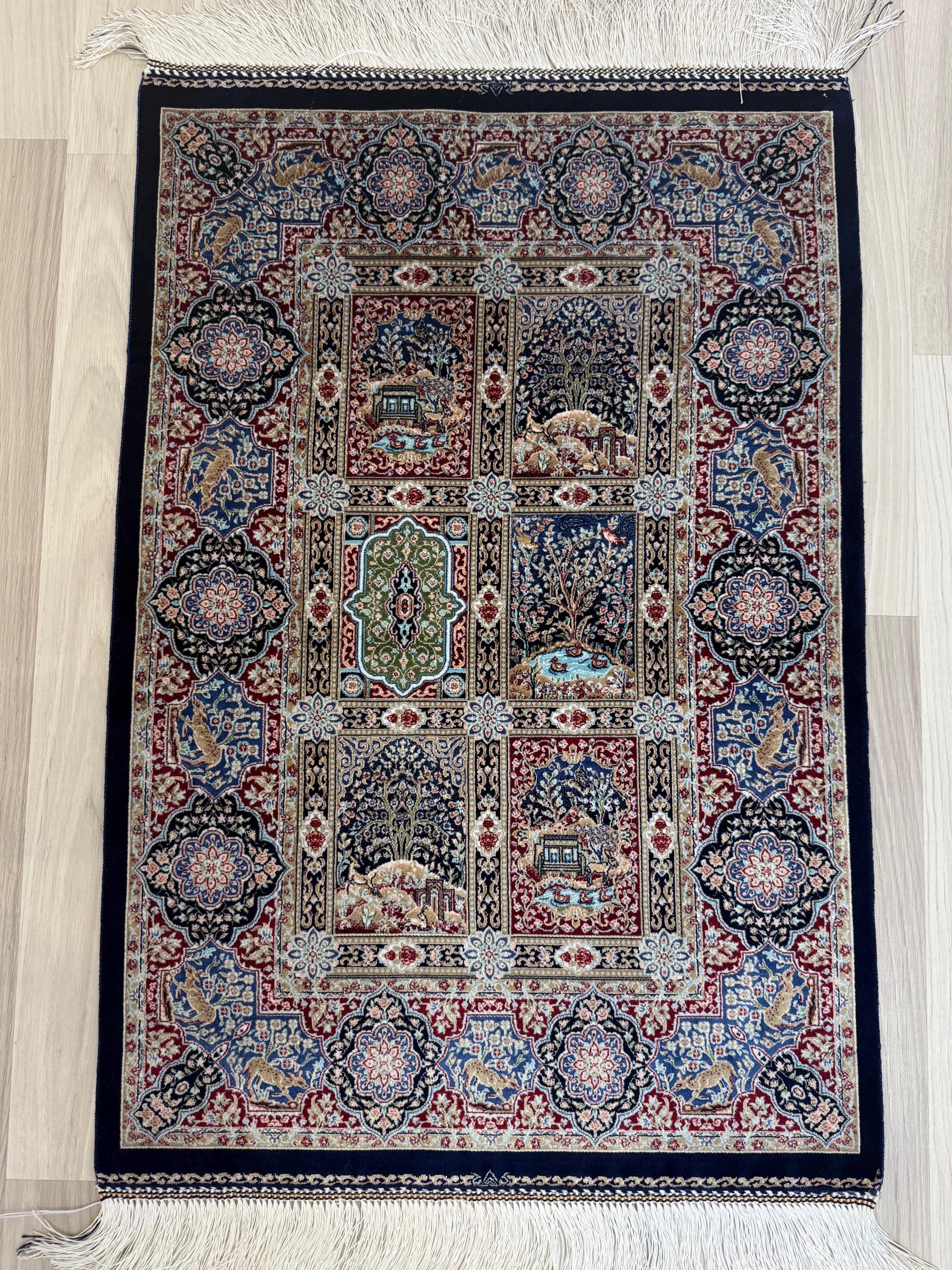 Elegant Persian Bamboo Silk Rug 60x90 cm – Robot-Woven & Hand-Knotted Edges