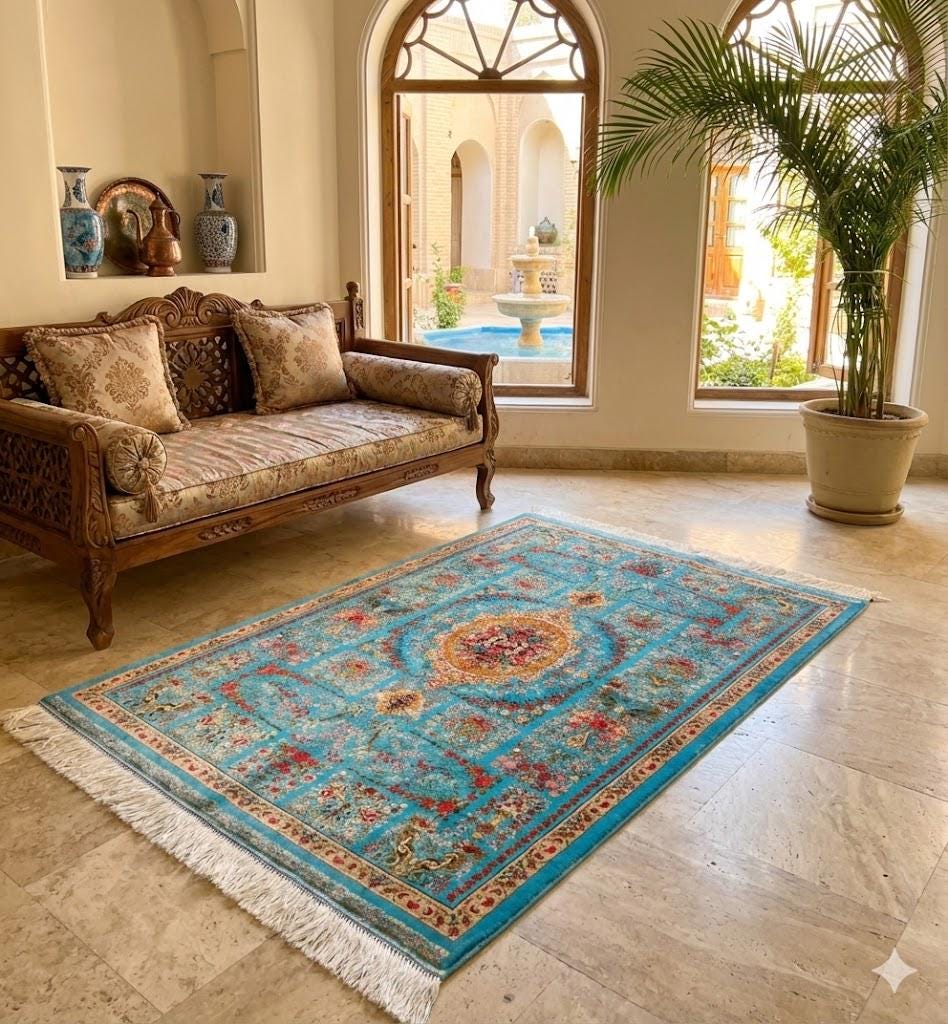 Luxury Persian Bamboo Silk Rug 85x125 cm – Robot-Woven & Hand-Knotted Edges