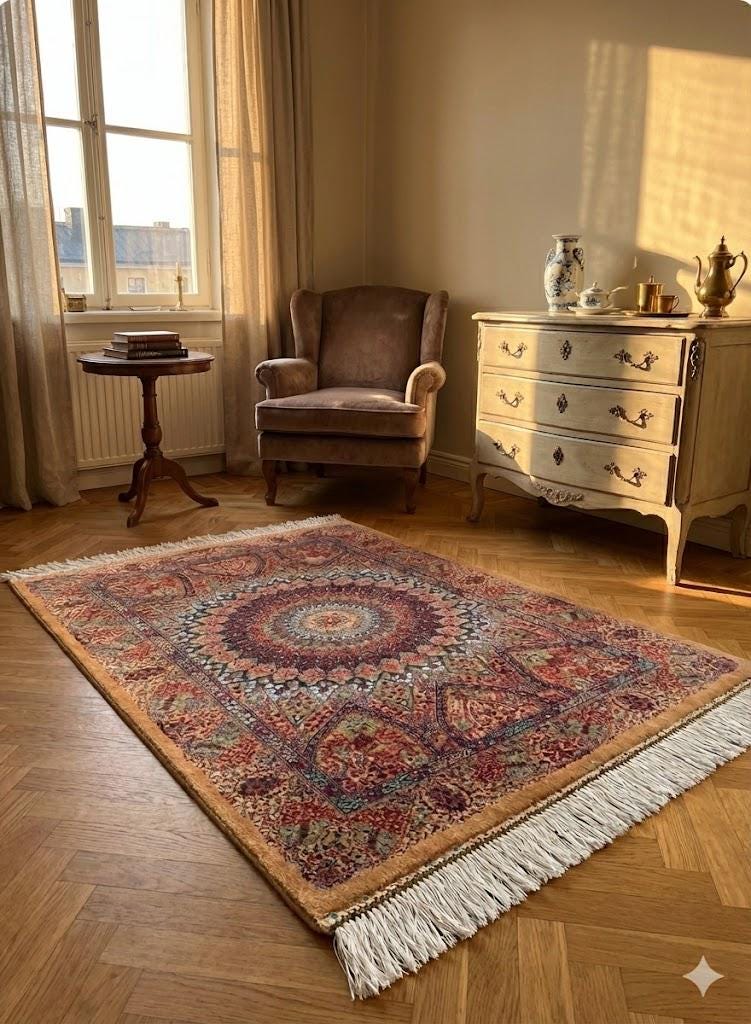 Elegant Persian Bamboo Silk Rug 60x90 cm – Robot-Woven & Hand-Knotted Edges