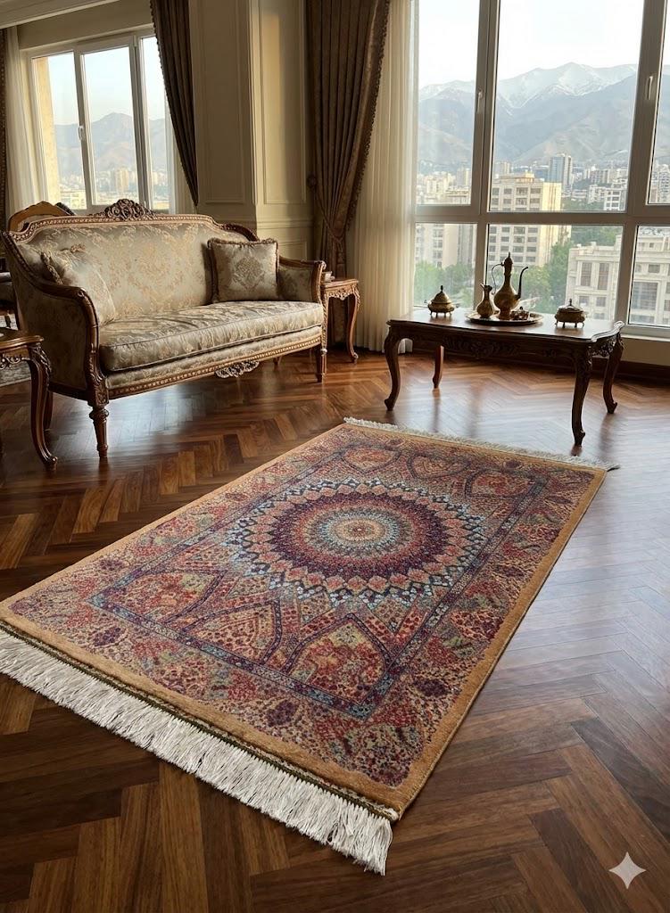 Elegant Persian Bamboo Silk Rug 60x90 cm – Robot-Woven & Hand-Knotted Edges