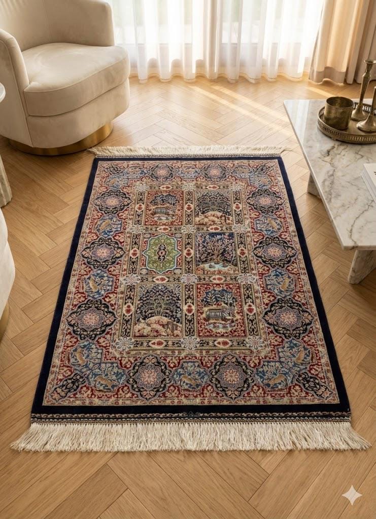 Elegant Persian Bamboo Silk Rug 60x90 cm – Robot-Woven & Hand-Knotted Edges