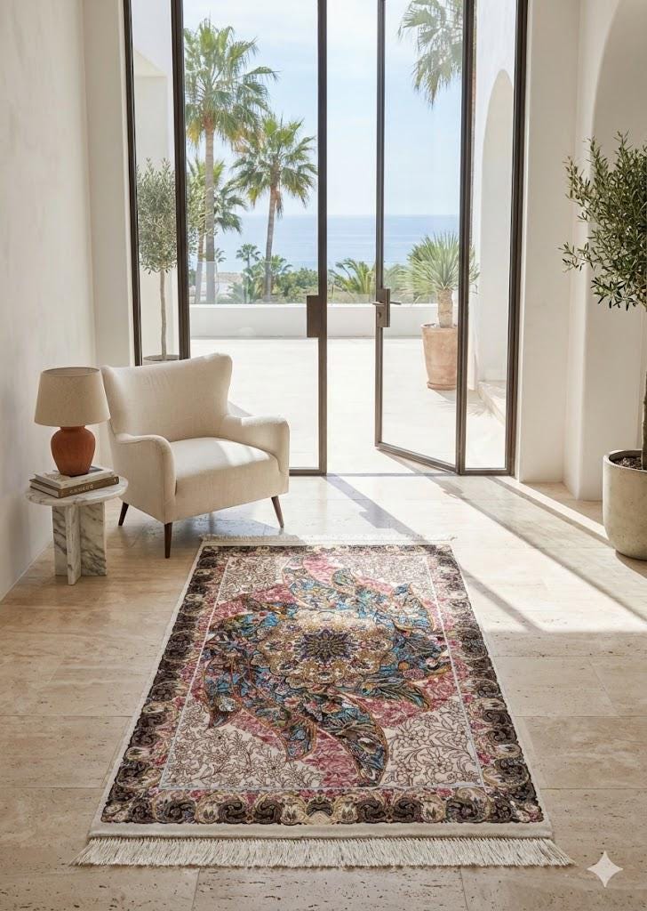 Elegant Persian Bamboo Silk Rug 60x90 cm – Robot-Woven & Hand-Knotted Edges