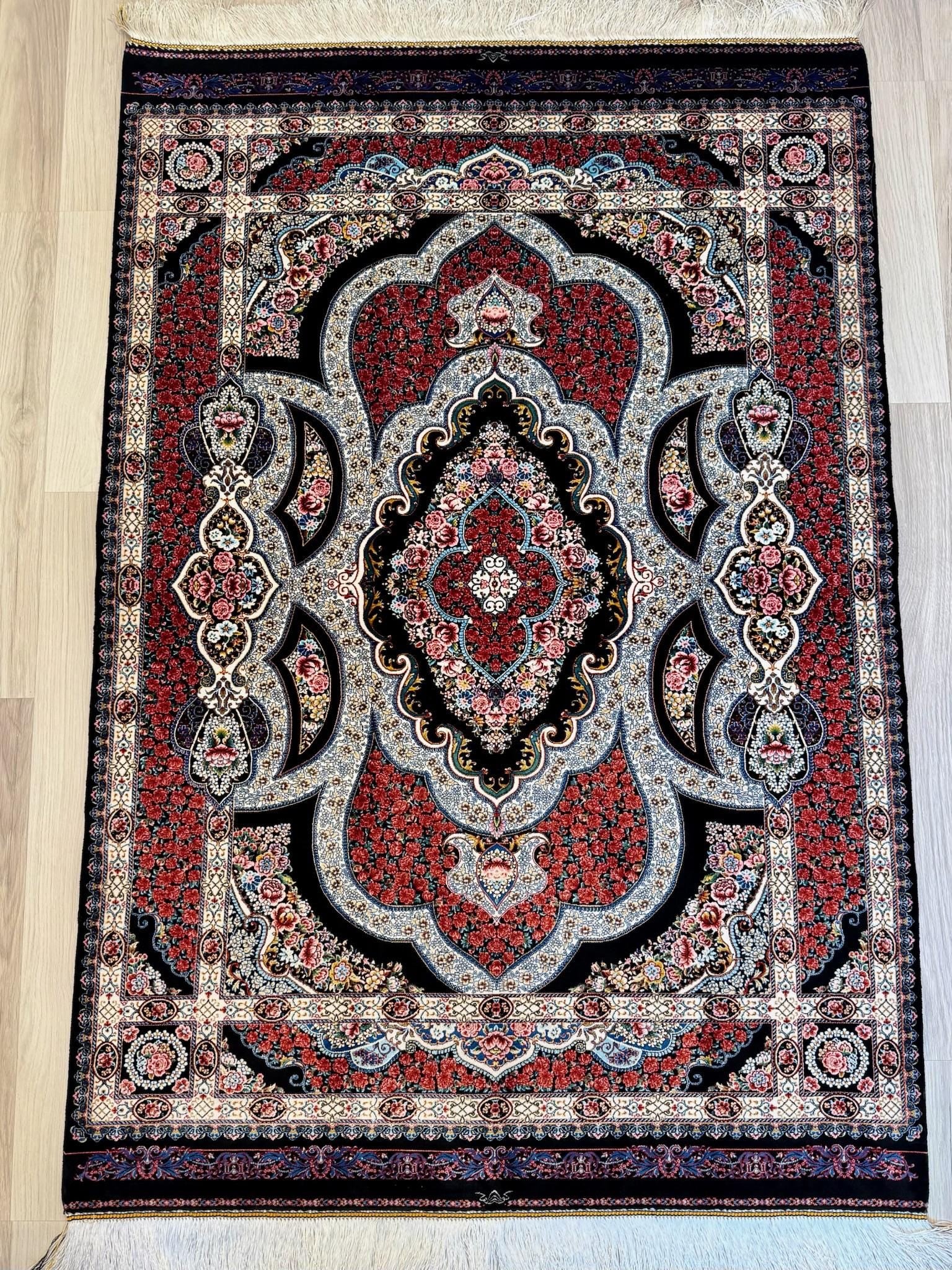 Luxury Persian Bamboo Silk Rug 100x150 cm – Robot-Woven & Hand-Knotted Edges