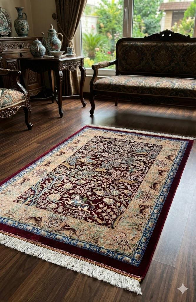 Elegant Persian Bamboo Silk Rug 60x90 cm – Robot-Woven & Hand-Knotted Edges