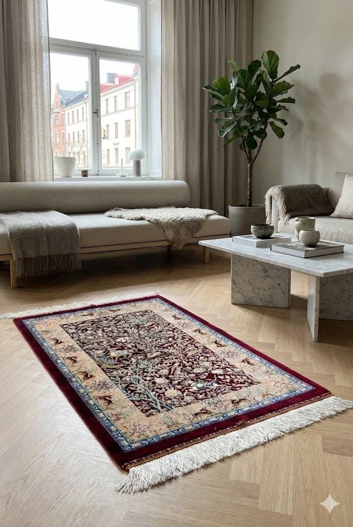 Elegant Persian Bamboo Silk Rug 60x90 cm – Robot-Woven & Hand-Knotted Edges