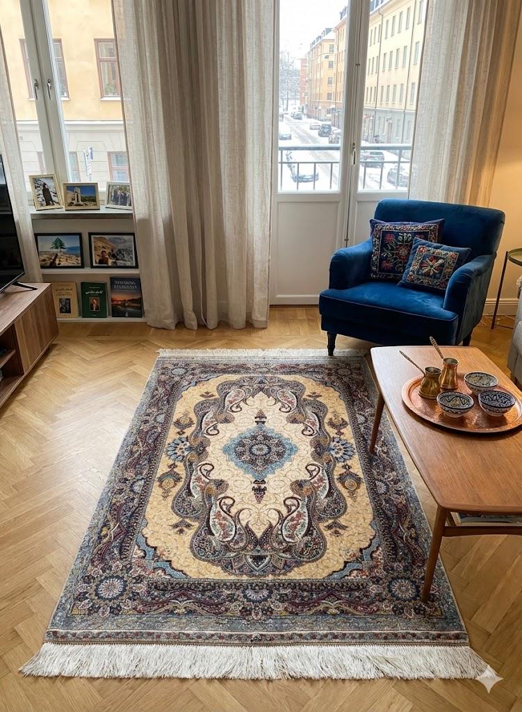 Luxury Persian Bamboo Silk Rug 100x150 cm – Robot-Woven & Hand-Knotted Edges