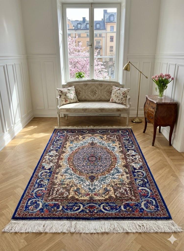 Luxury Persian Bamboo Silk Rug 100x150 cm – Robot-Woven & Hand-Knotted Edges