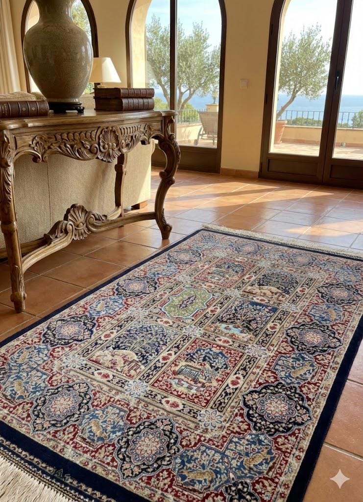 Elegant Persian Bamboo Silk Rug 60x90 cm – Robot-Woven & Hand-Knotted Edges