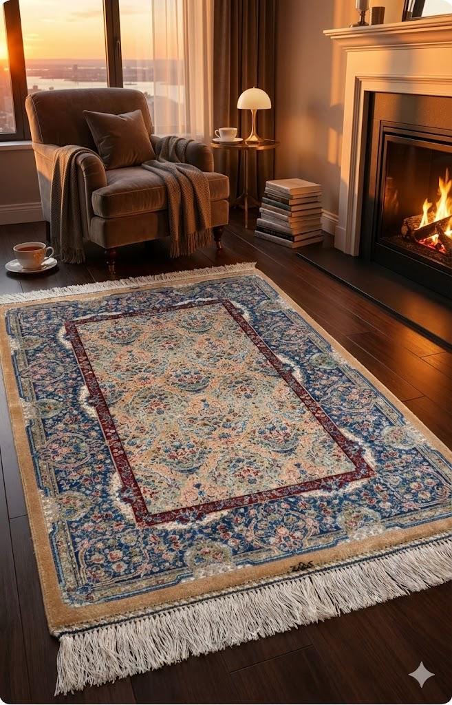 Elegant Persian Bamboo Silk Rug 60x90 cm – Robot-Woven & Hand-Knotted Edges