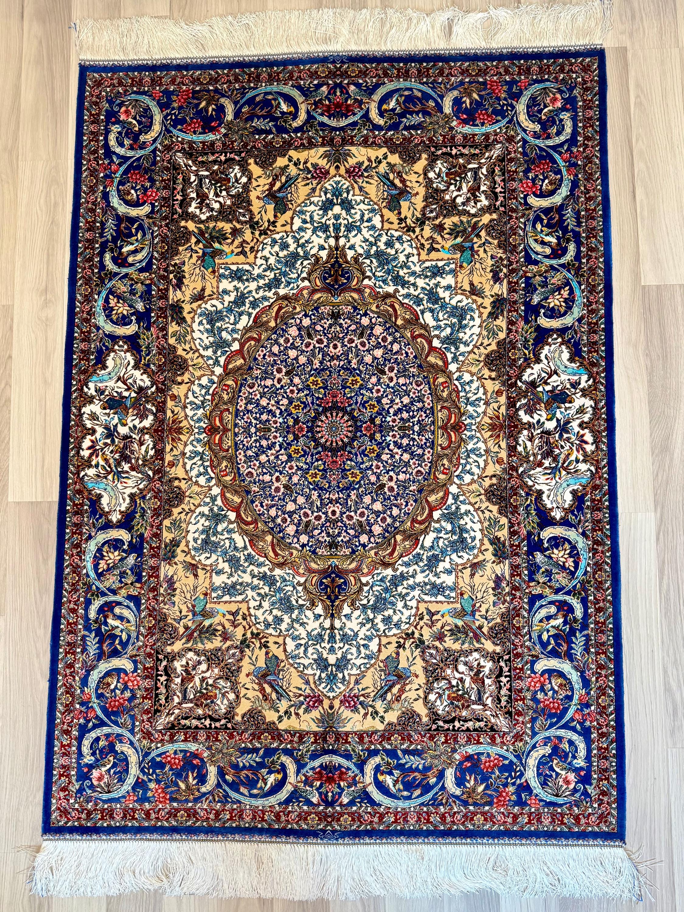 Luxury Persian Bamboo Silk Rug 100x150 cm – Robot-Woven & Hand-Knotted Edges