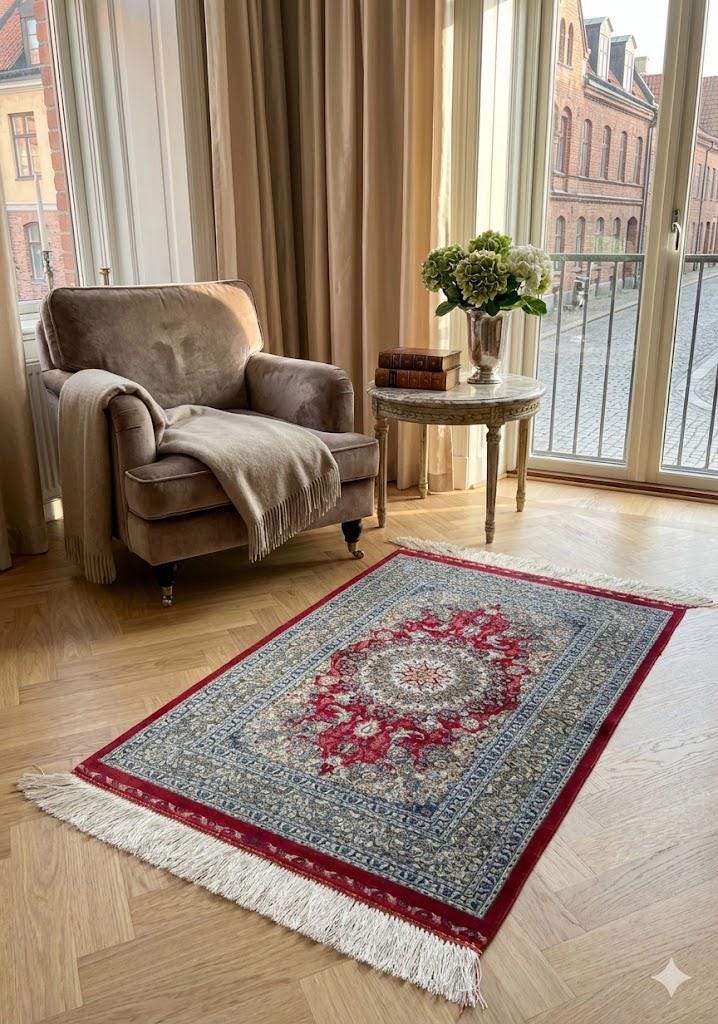 Elegant Persian Bamboo Silk Rug 60x90 cm – Robot-Woven & Hand-Knotted Edges