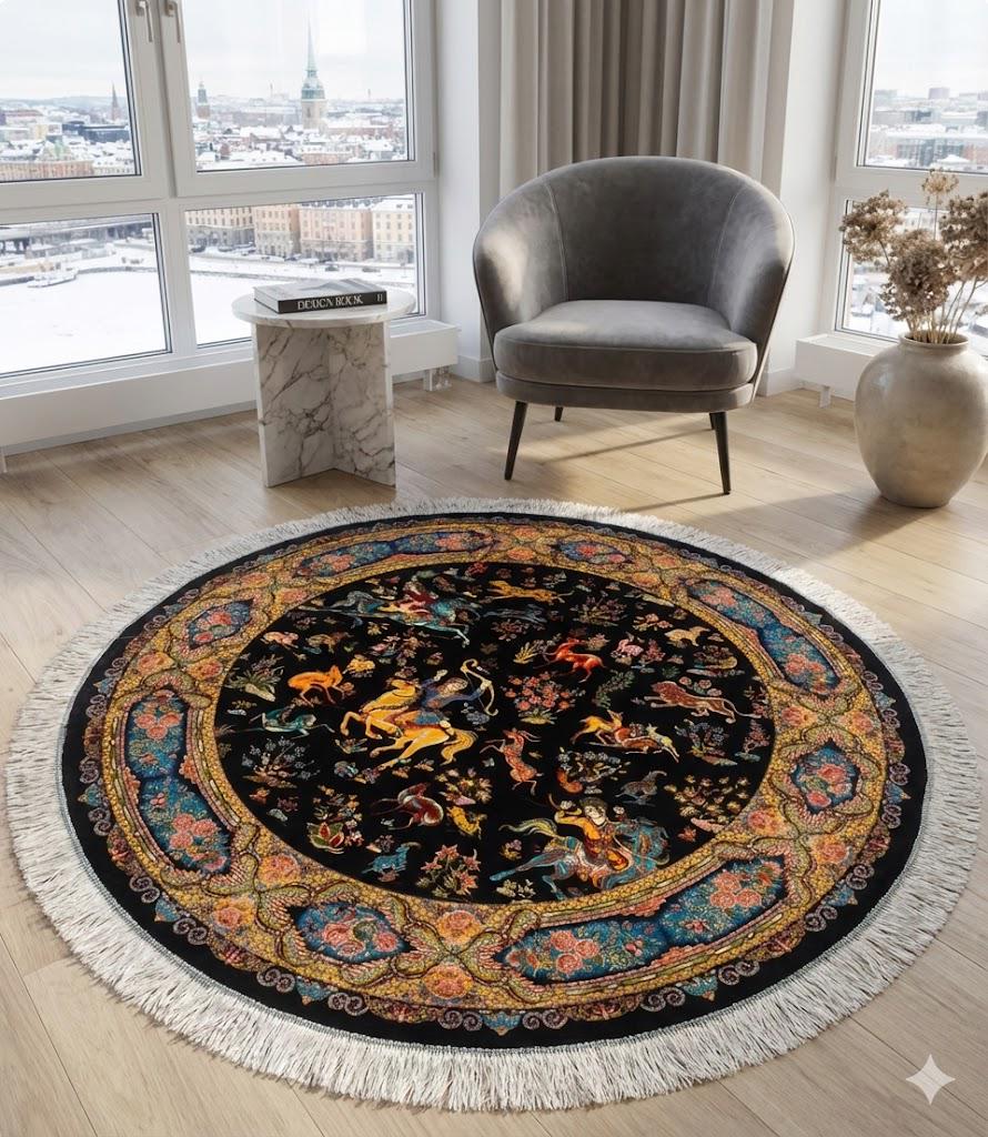 Elegant Round Persian Bamboo Silk Rug 1,2x1,2 m – Robot-Woven & Hand-Knotted Edges