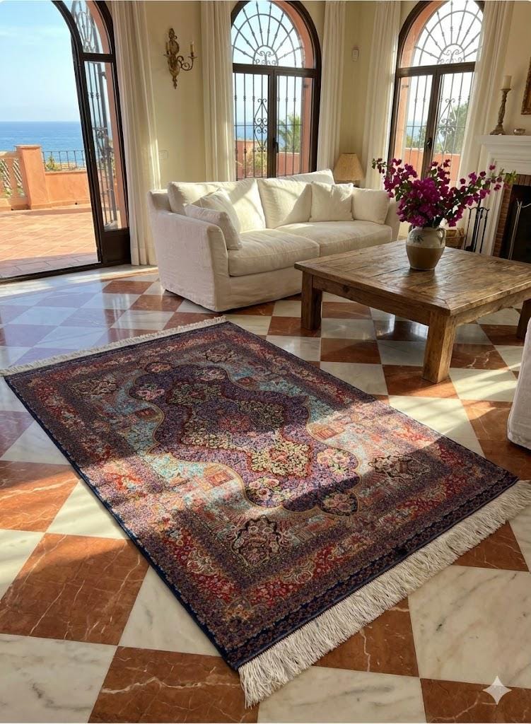 Luxury Persian Bamboo Silk Rug 100x150 cm – Robot-Woven & Hand-Knotted Edges
