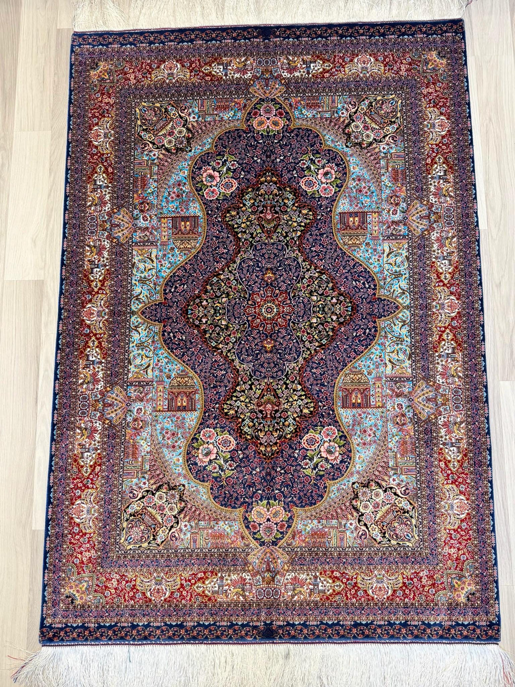 Luxury Persian Bamboo Silk Rug 100x150 cm – Robot-Woven & Hand-Knotted Edges