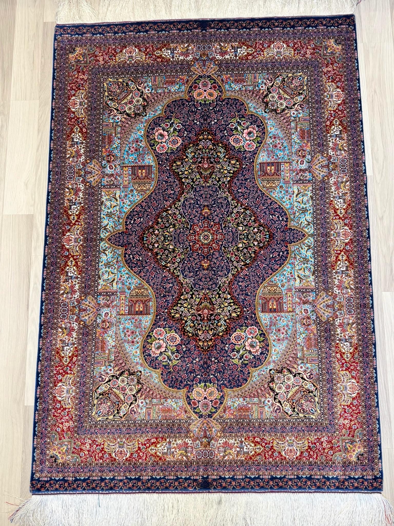 Luxury Persian Bamboo Silk Rug 100x150 cm – Robot-Woven & Hand-Knotted Edges