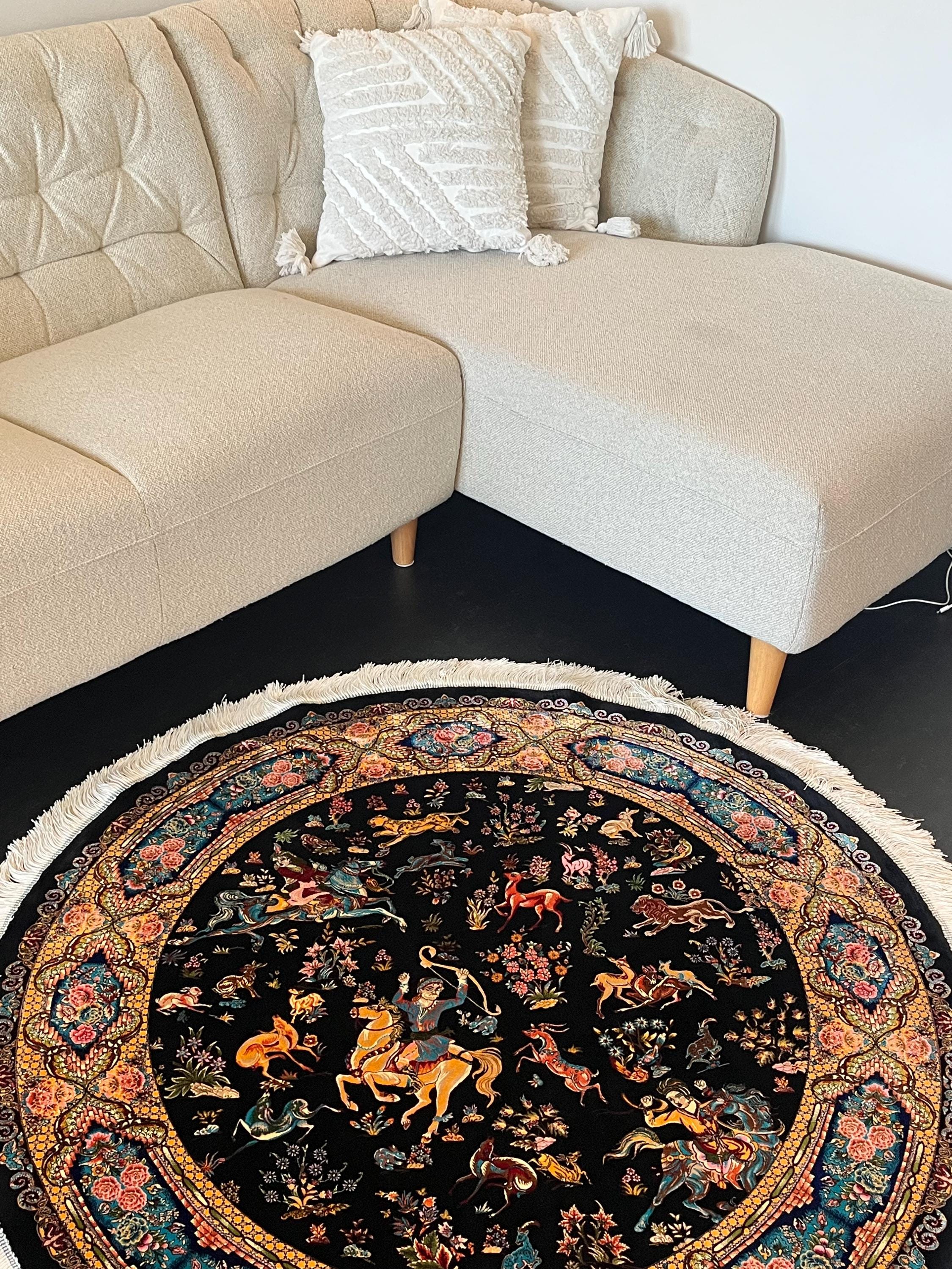 Elegant Round Persian Bamboo Silk Rug 1,2x1,2 m – Robot-Woven & Hand-Knotted Edges