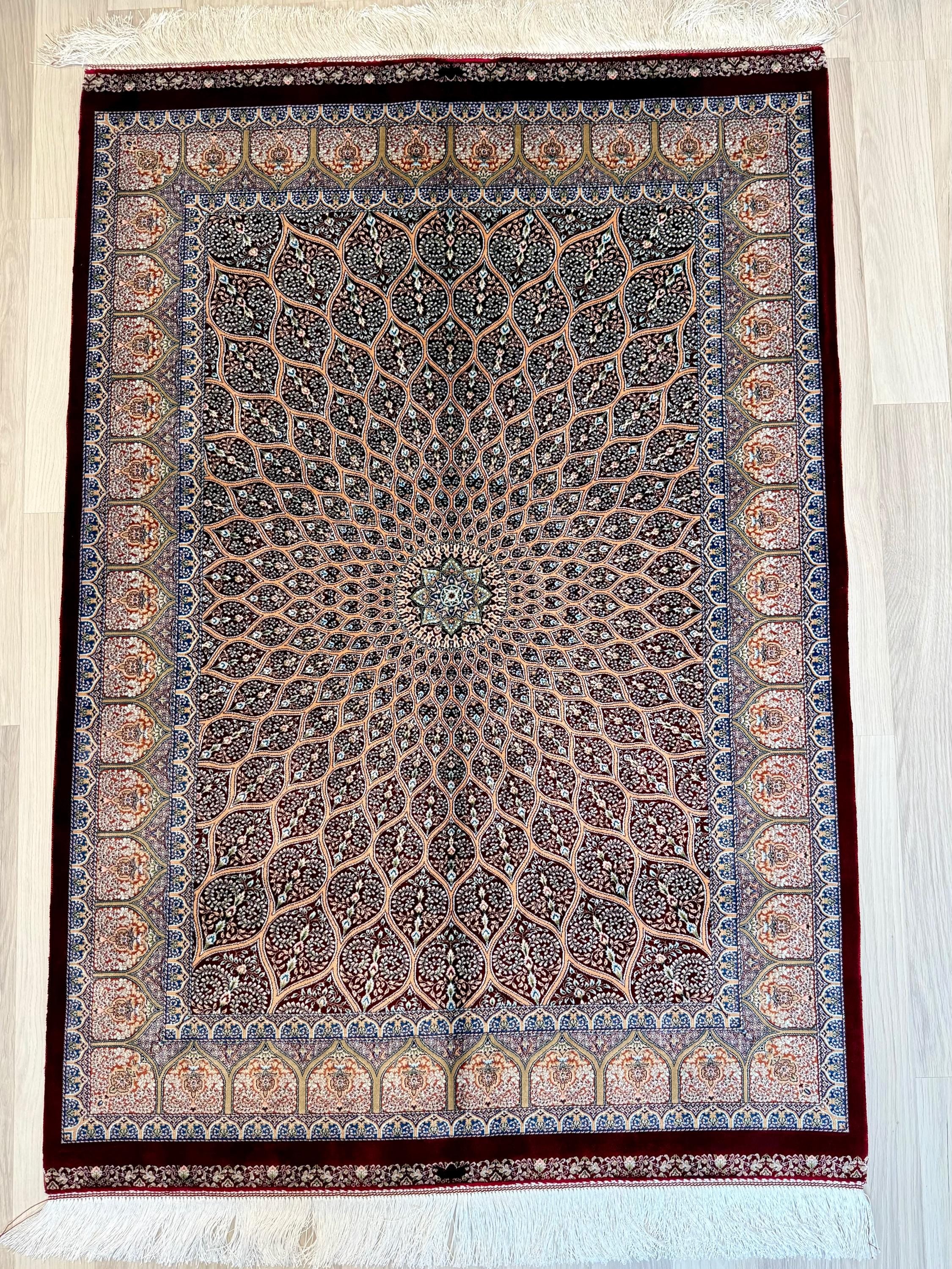 Luxury Persian Bamboo Silk Rug 100x150 cm – Robot-Woven & Hand-Knotted Edges