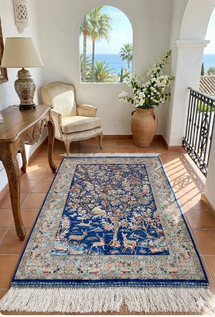 Elegant Persian Bamboo Silk Rug 60x90 cm – Robot-Woven & Hand-Knotted Edges