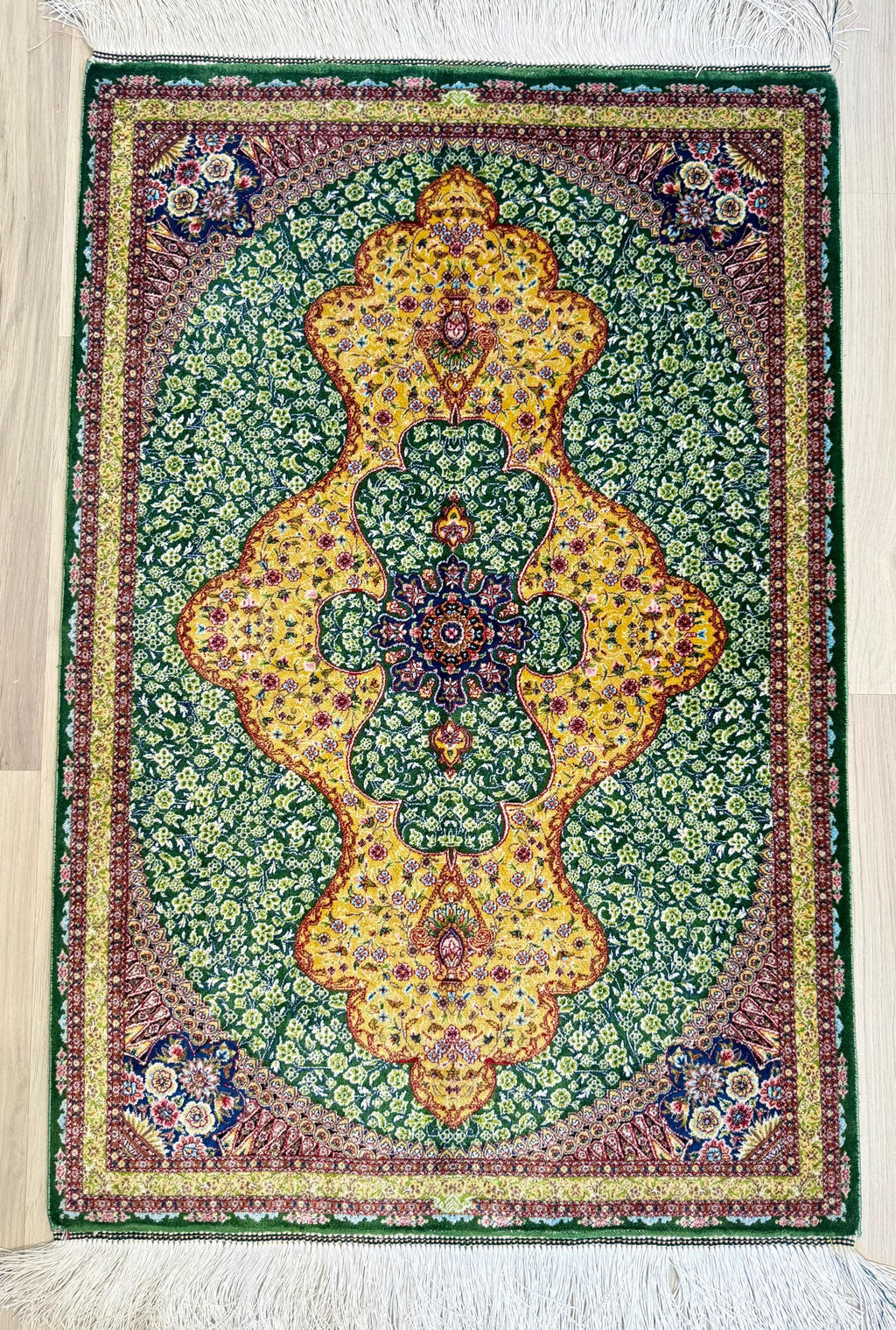Elegant Persian Bamboo Silk Rug 60x90 cm – Robot-Woven & Hand-Knotted Edges