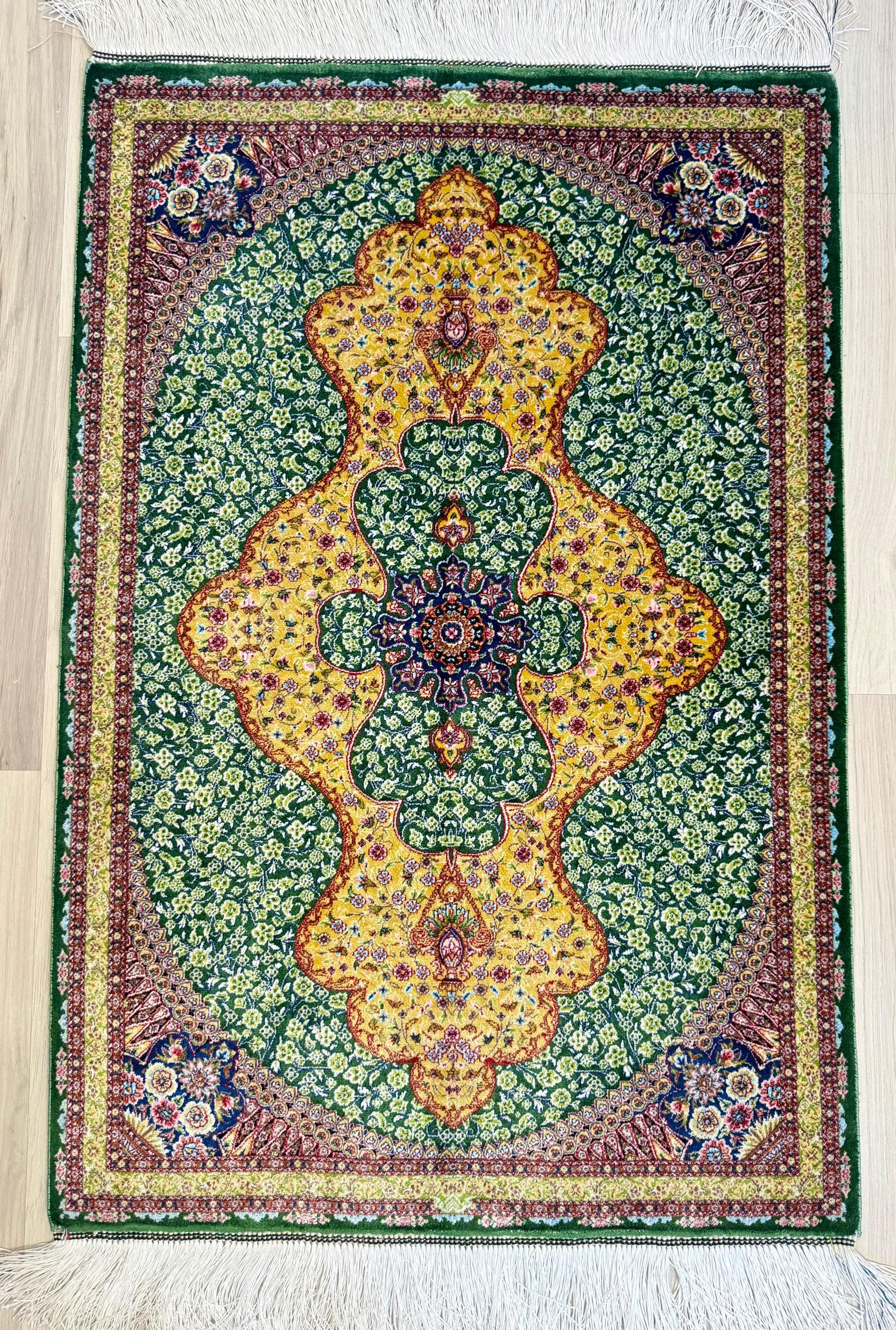 Elegant Persian Bamboo Silk Rug 60x90 cm – Robot-Woven & Hand-Knotted Edges