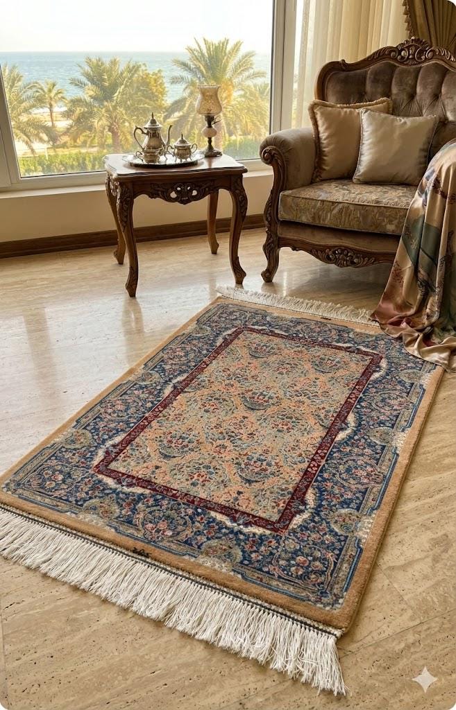 Elegant Persian Bamboo Silk Rug 60x90 cm – Robot-Woven & Hand-Knotted Edges