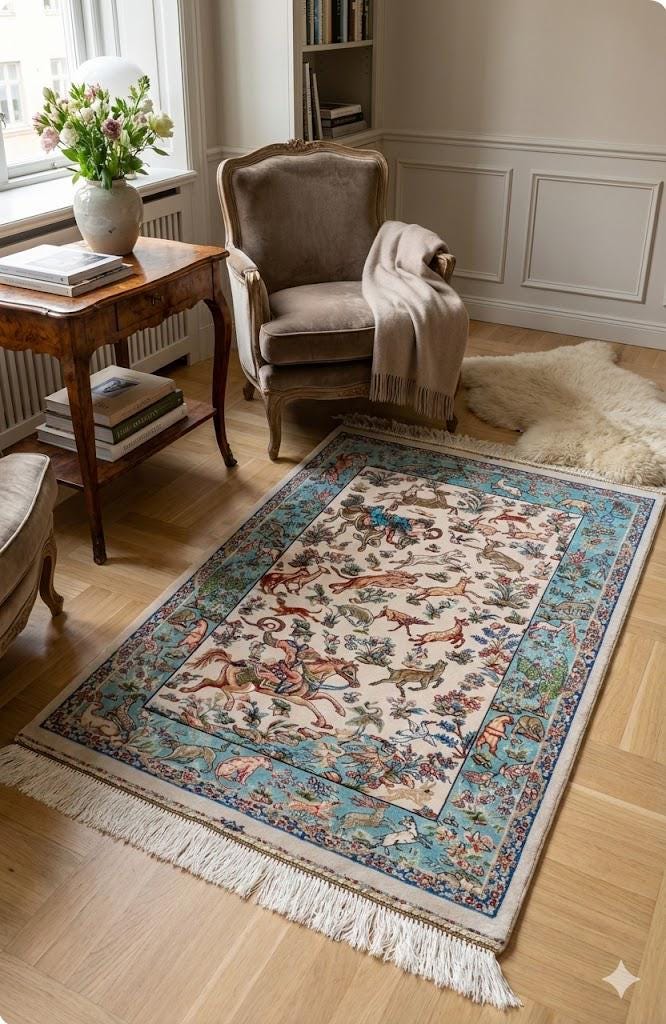 Elegant Persian Bamboo Silk Rug 60x90 cm – Robot-Woven & Hand-Knotted Edges