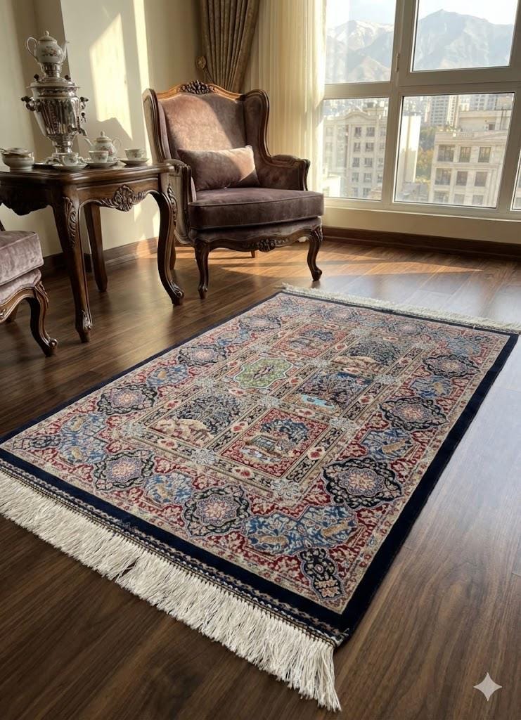 Elegant Persian Bamboo Silk Rug 60x90 cm – Robot-Woven & Hand-Knotted Edges