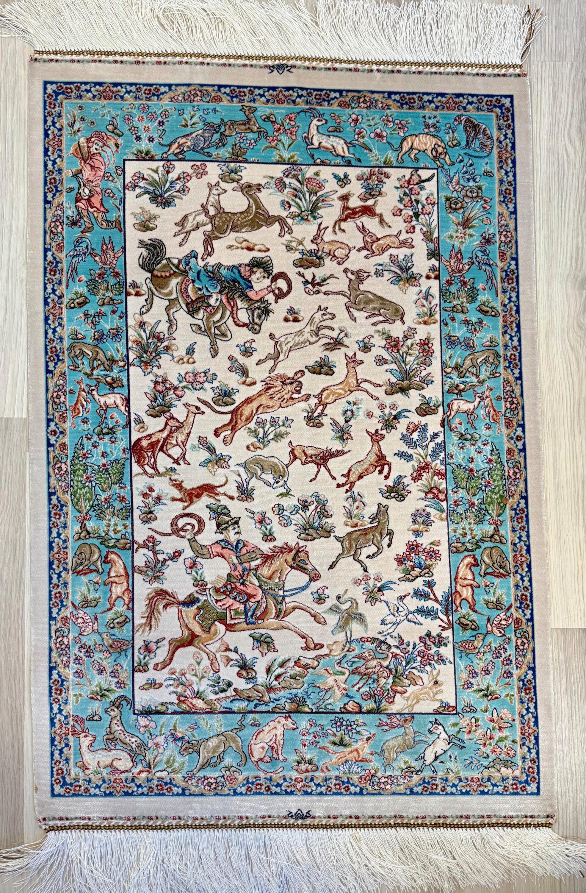 Elegant Persian Bamboo Silk Rug 60x90 cm – Robot-Woven & Hand-Knotted Edges