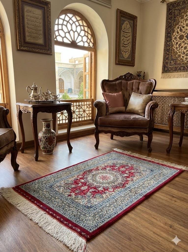 Elegant Persian Bamboo Silk Rug 60x90 cm – Robot-Woven & Hand-Knotted Edges