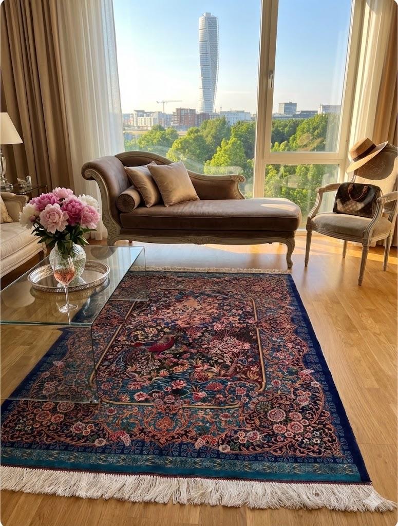 Luxury Persian Bamboo Silk Rug 100x150 cm – Robot-Woven & Hand-Knotted Edges