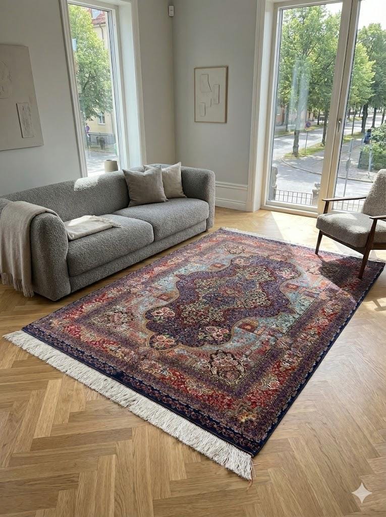 Luxury Persian Bamboo Silk Rug 100x150 cm – Robot-Woven & Hand-Knotted Edges