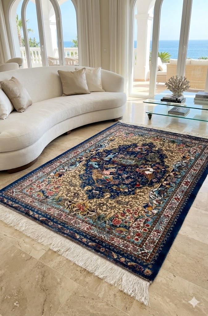 Luxury Persian Bamboo Silk Rug 100x150 cm – Robot-Woven & Hand-Knotted Edges