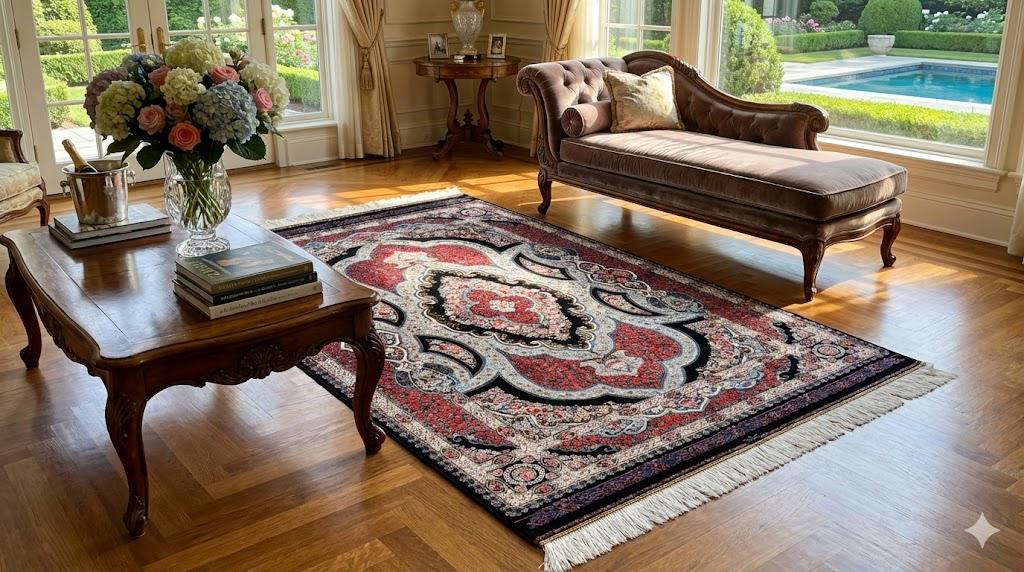 Luxury Persian Bamboo Silk Rug 100x150 cm – Robot-Woven & Hand-Knotted Edges