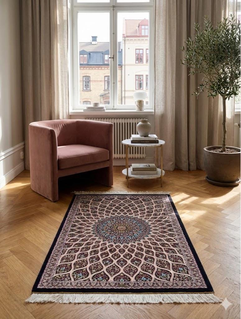 Elegant persian Bamboo Silk Rug 60x90 cm – Robot-Woven & Hand-Knotted Edges