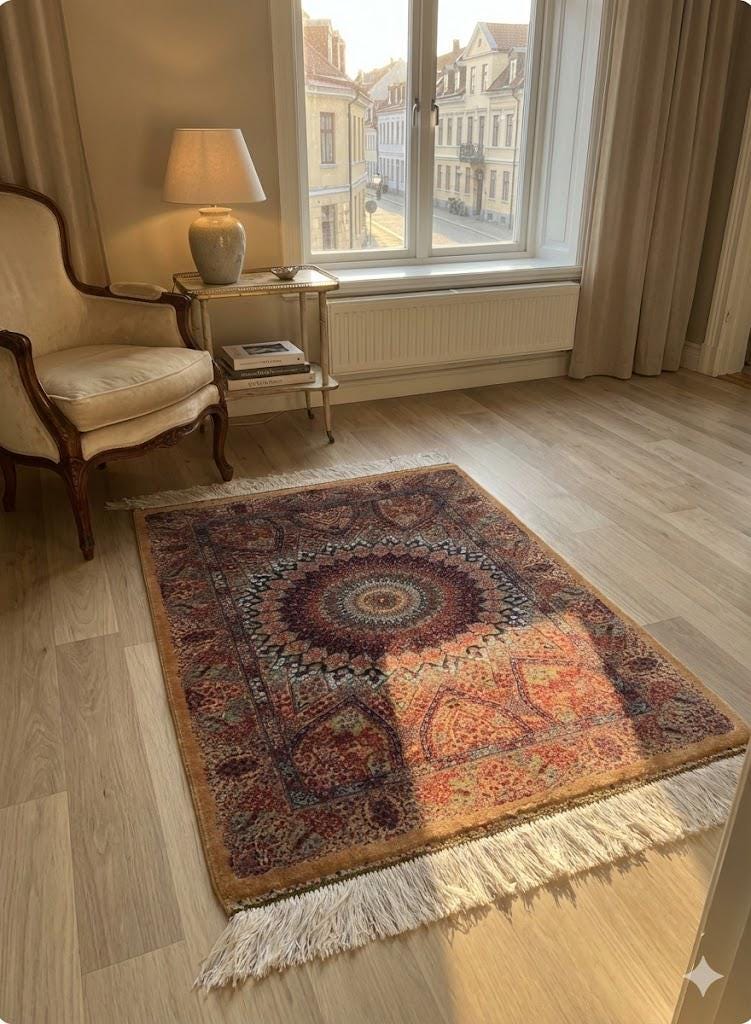 Elegant Persian Bamboo Silk Rug 60x90 cm – Robot-Woven & Hand-Knotted Edges