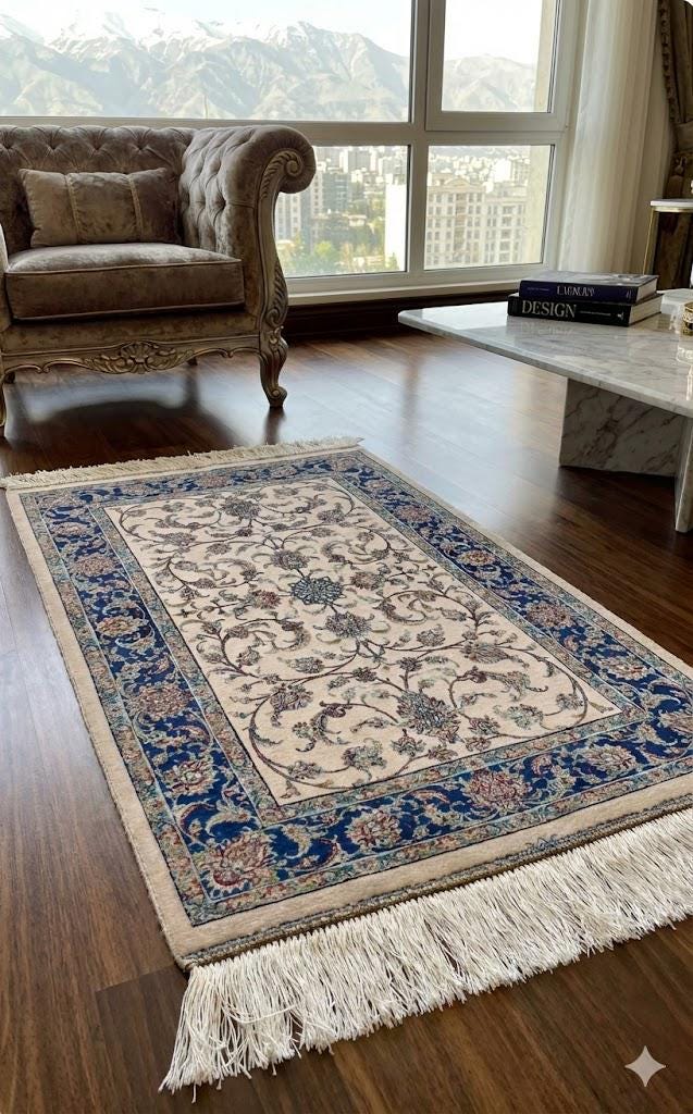 Elegant Persian Bamboo Silk Rug 60x90 cm – Robot-Woven & Hand-Knotted Edges