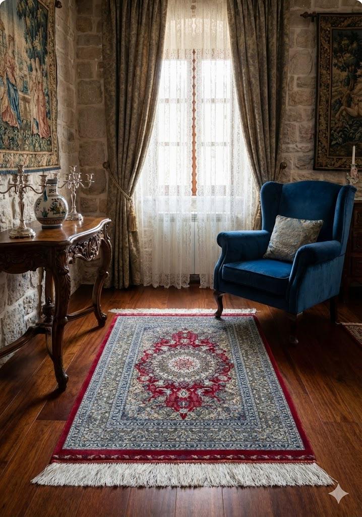 Elegant Persian Bamboo Silk Rug 60x90 cm – Robot-Woven & Hand-Knotted Edges