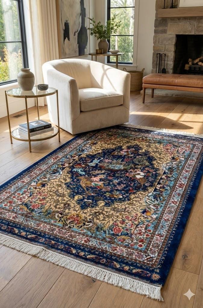Luxury Persian Bamboo Silk Rug 100x150 cm – Robot-Woven & Hand-Knotted Edges