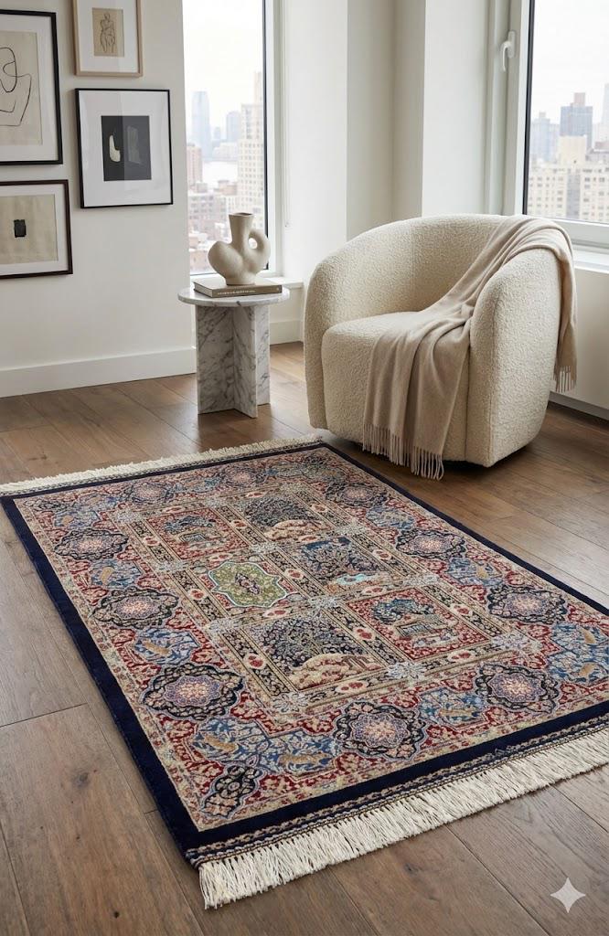 Elegant Persian Bamboo Silk Rug 60x90 cm – Robot-Woven & Hand-Knotted Edges