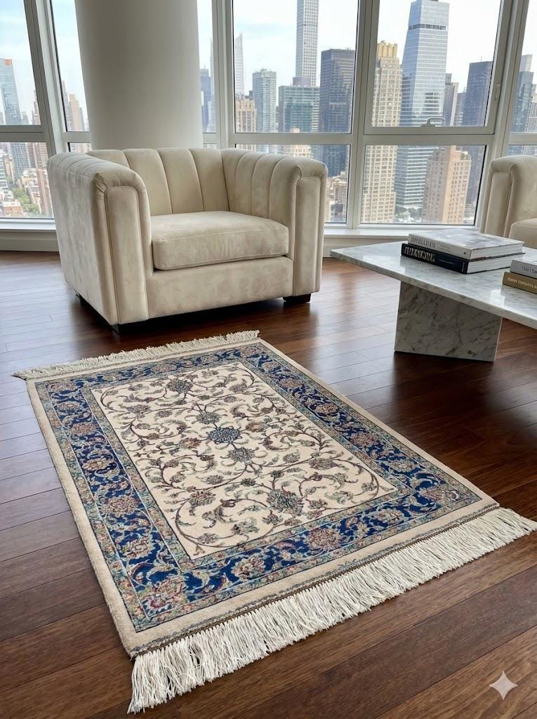 Elegant Persian Bamboo Silk Rug 60x90 cm – Robot-Woven & Hand-Knotted Edges