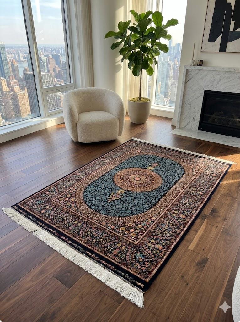Luxury Persian Bamboo Silk Rug 100x150 cm – Robot-Woven & Hand-Knotted Edges