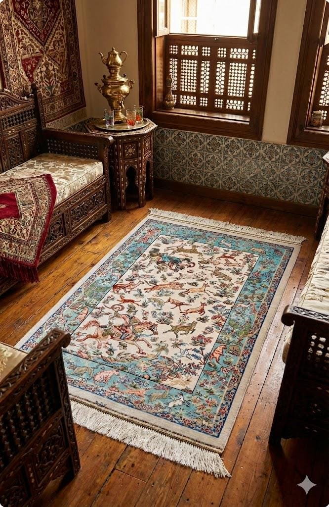 Elegant Persian Bamboo Silk Rug 60x90 cm – Robot-Woven & Hand-Knotted Edges