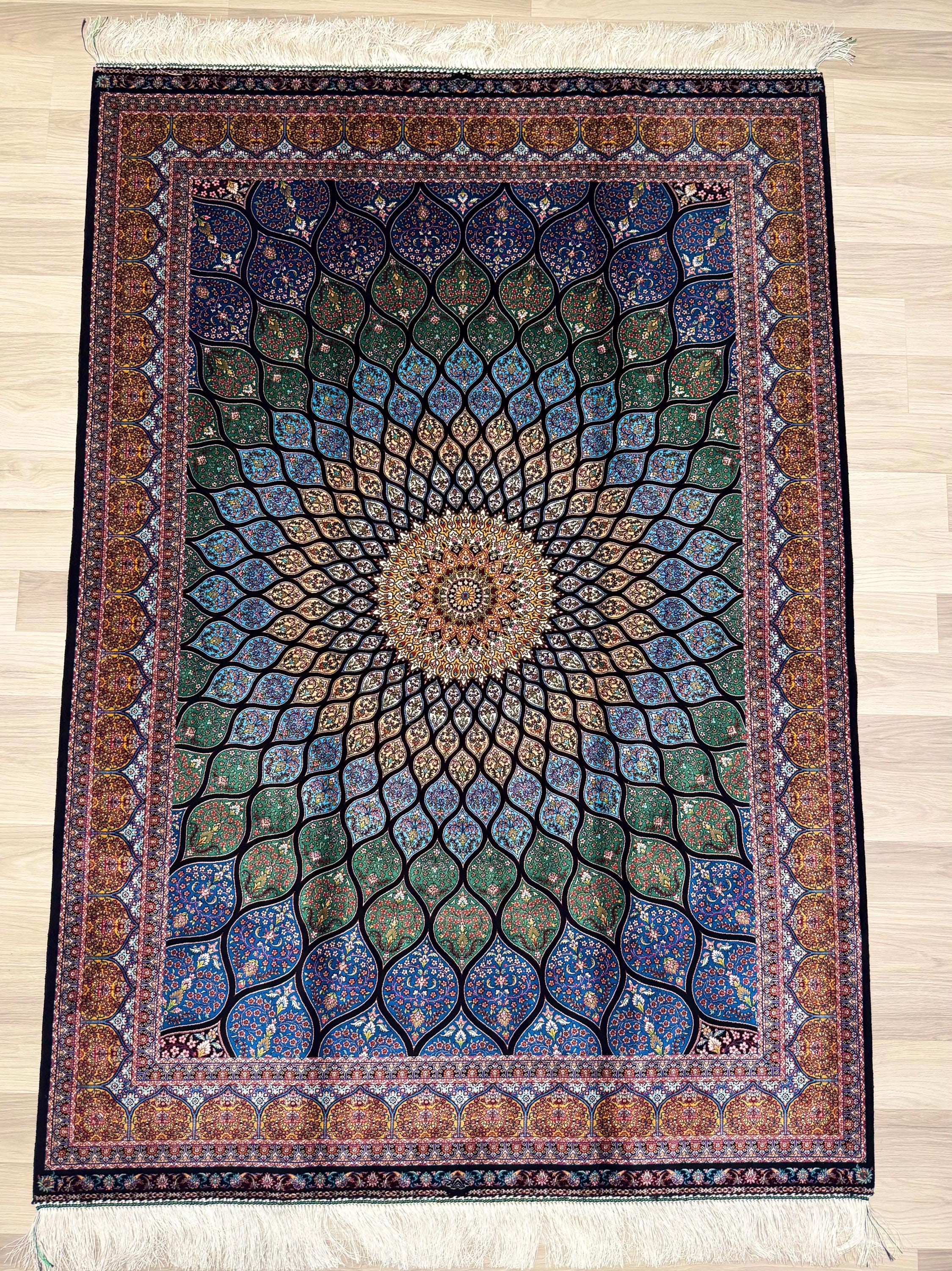 Luxury Persian Bamboo Silk Rug 120x180 cm – Robot-Woven & Hand-Knotted Edges