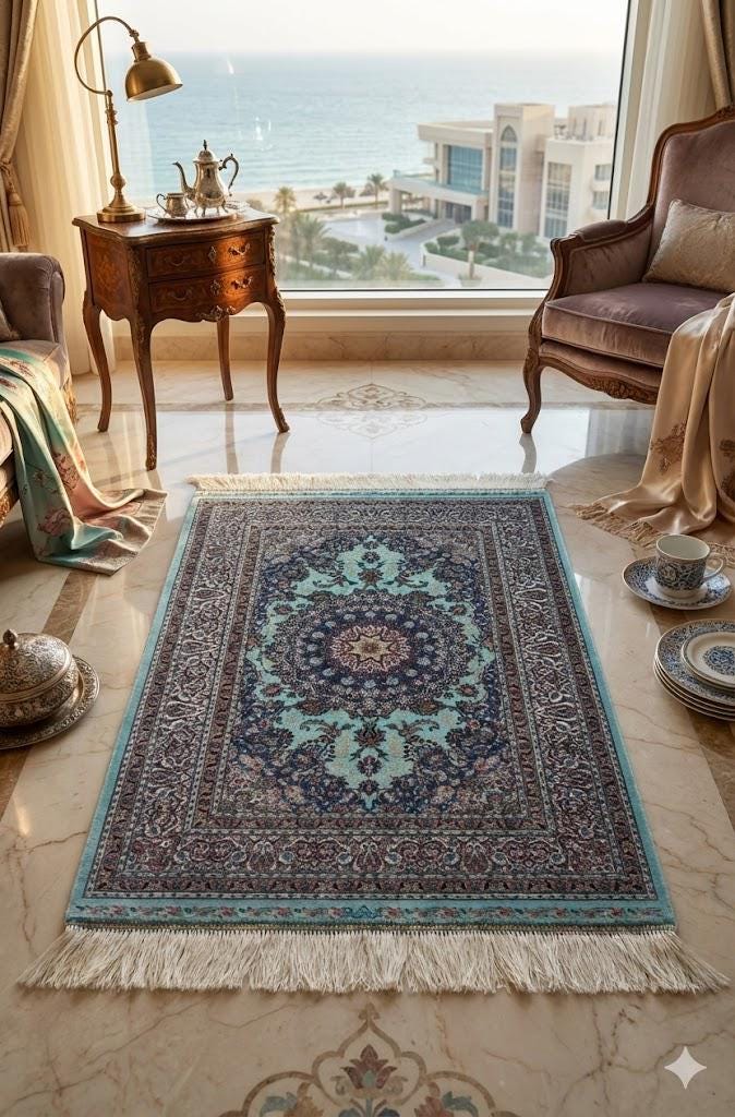Elegant Persian Bamboo Silk Rug 60x90 cm – Robot-Woven & Hand-Knotted Edges